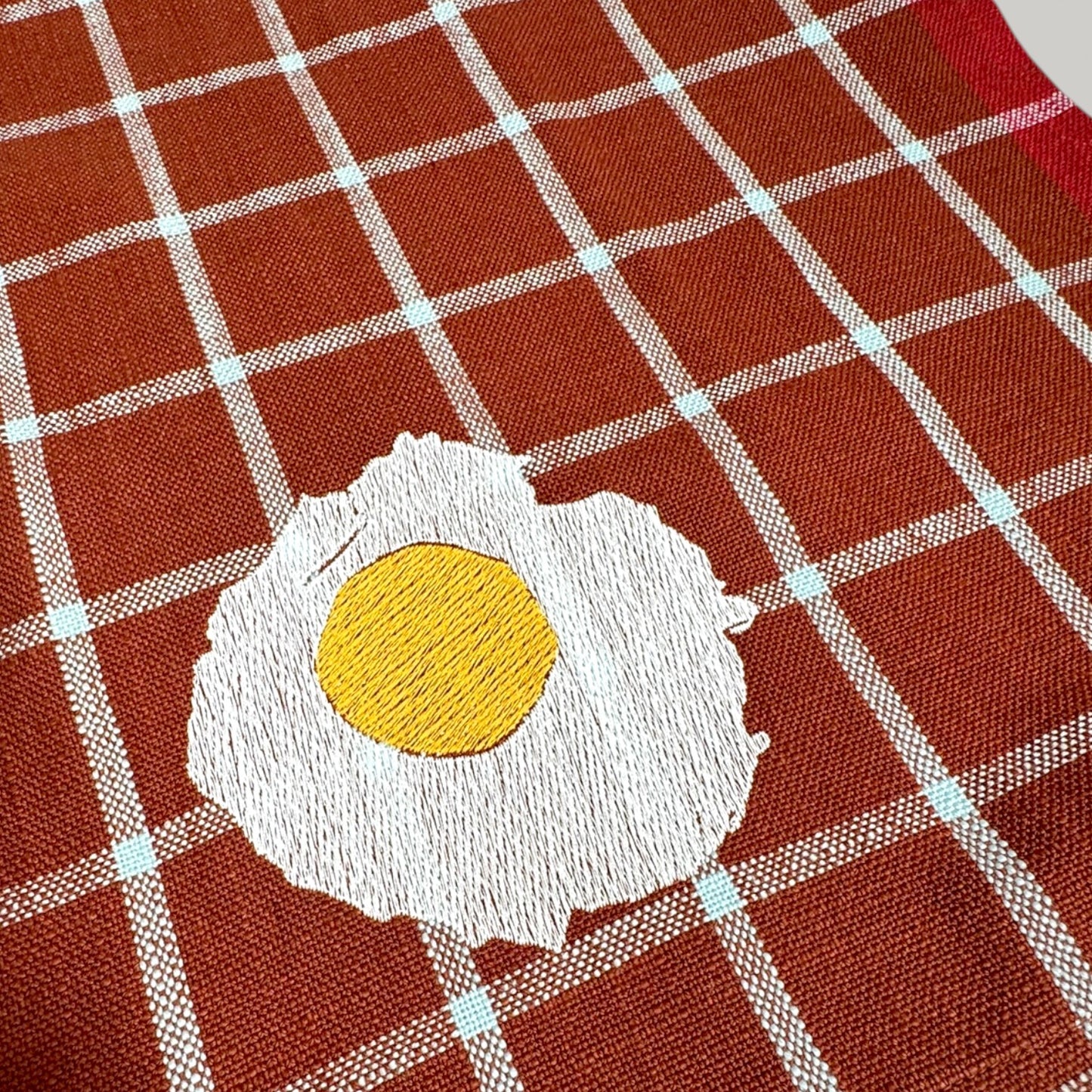 Embroidered Fried Egg Tea Towel - Red Plaid Kitchen Towel - Cotton Dish Towel - Quirky Kitchen Decor - Housewarming Gift - Breakfast Lover Gift