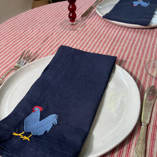 Navy Linen Napkins with Embroidered Chickens — Set of 4