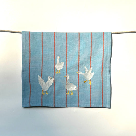 Gaggle of Geese Embroidered Tea Towel — Blue & Orange Stripe