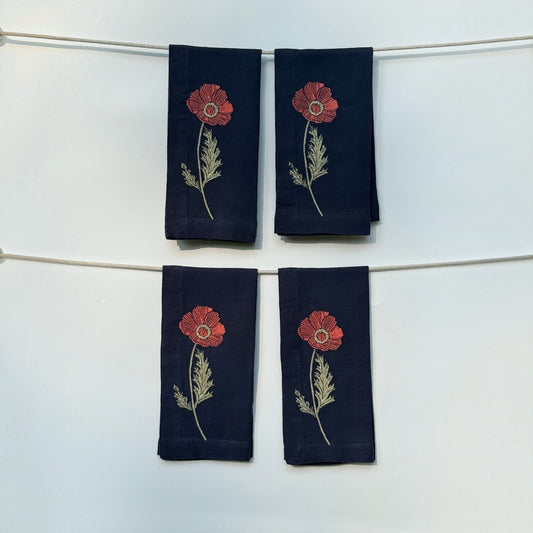 Navy Linen Napkins with Embroidered Poppies — Set of 4