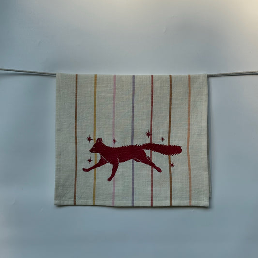Running Fox Embroidered Tea Towel — Cream & Sunset Stripe