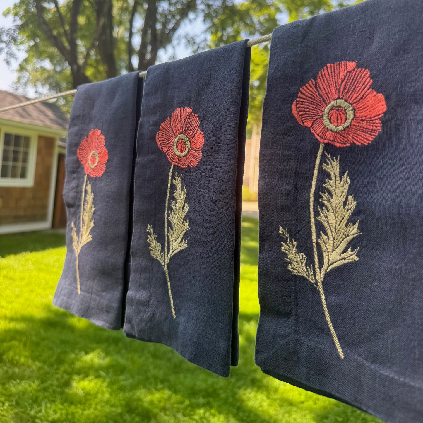 Navy Linen Napkins with Embroidered Poppies — Set of 4