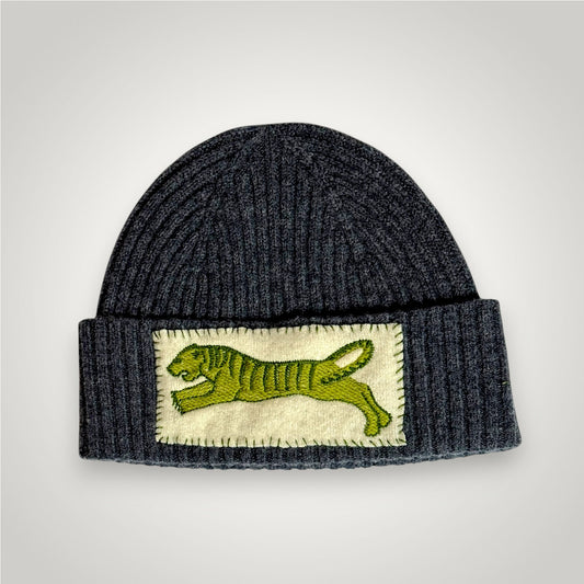 charcoal grey merino wool beanie with embroidered green tiger on cashmere patch, front view