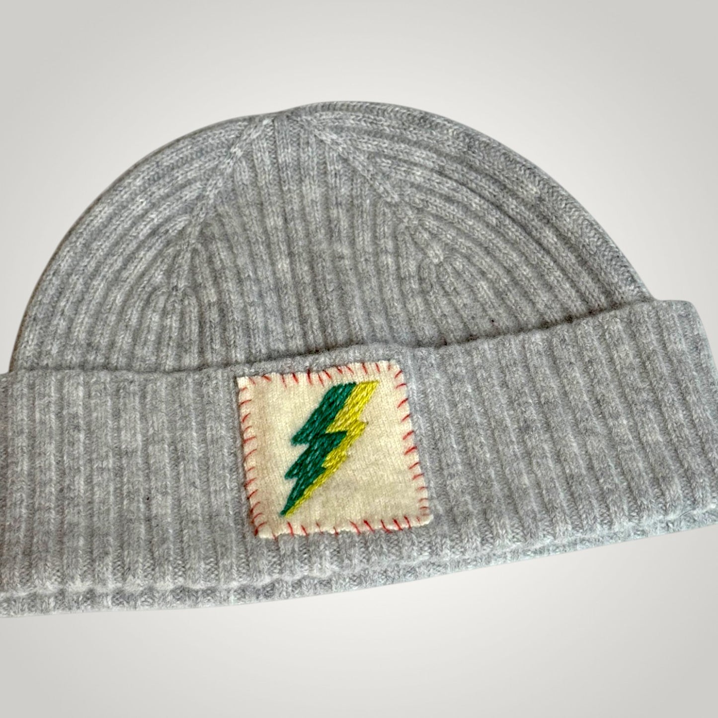 Embroidered Lightning Bolt Beanie - Grey Merino Wool Beanie - Winter Hat - Luxury Beanie - Unique Winter Accessories