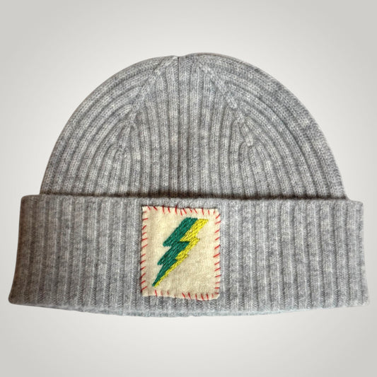 Embroidered Lightning Bolt Beanie - Grey Merino Wool Beanie - Winter Hat - Luxury Beanie - Unique Winter Accessories