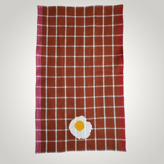 Embroidered Fried Egg Tea Towel - Red Plaid Kitchen Towel - Cotton Dish Towel - Quirky Kitchen Decor - Housewarming Gift - Breakfast Lover Gift