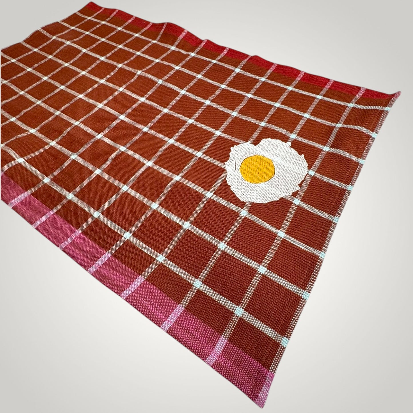 Embroidered Fried Egg Tea Towel - Red Plaid Kitchen Towel - Cotton Dish Towel - Quirky Kitchen Decor - Housewarming Gift - Breakfast Lover Gift