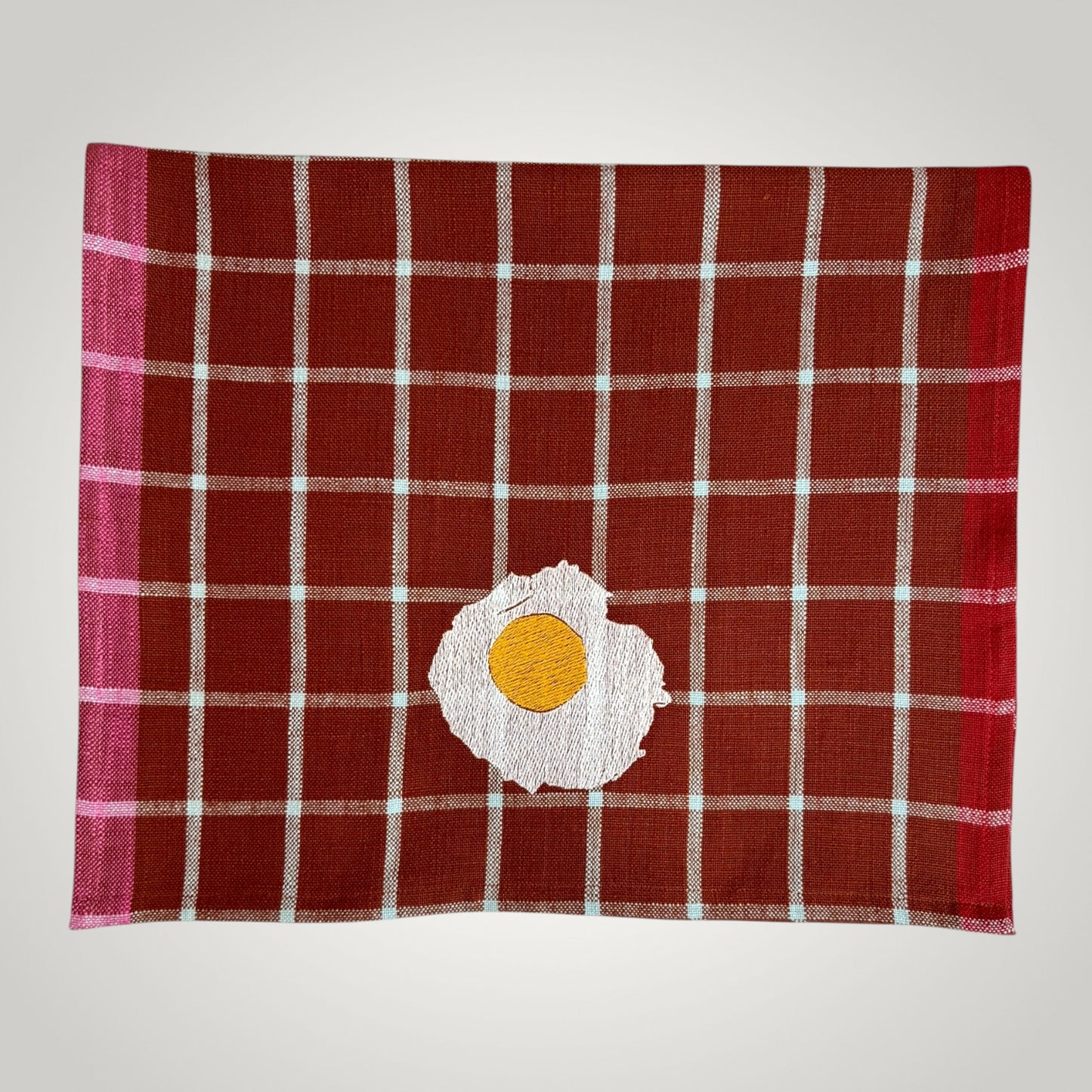 Embroidered Fried Egg Tea Towel - Red Plaid Kitchen Towel - Cotton Dish Towel - Quirky Kitchen Decor - Housewarming Gift - Breakfast Lover Gift
