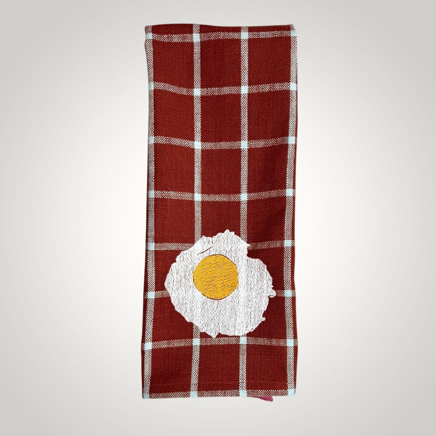 Embroidered Fried Egg Tea Towel - Red Plaid Kitchen Towel - Cotton Dish Towel - Quirky Kitchen Decor - Housewarming Gift - Breakfast Lover Gift