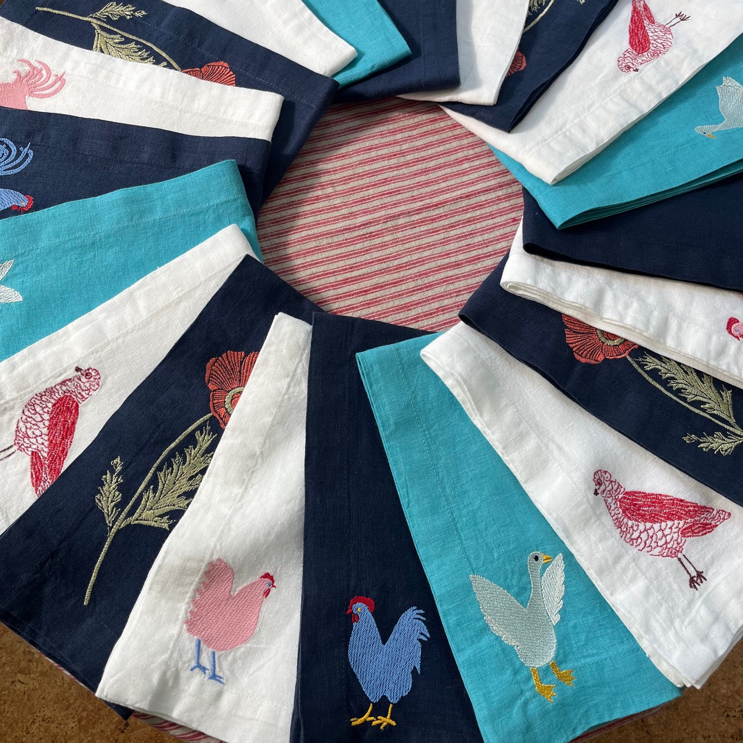 White Linen Napkins with Embroidered Pigeons — Set of 4
