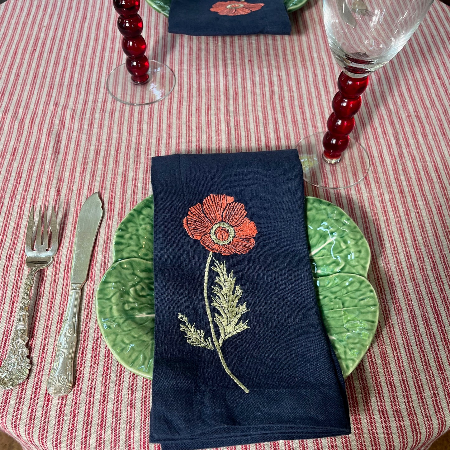 Navy Linen Napkins with Embroidered Poppies — Set of 4