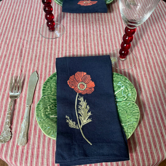 Navy Linen Napkins with Embroidered Poppies — Set of 4