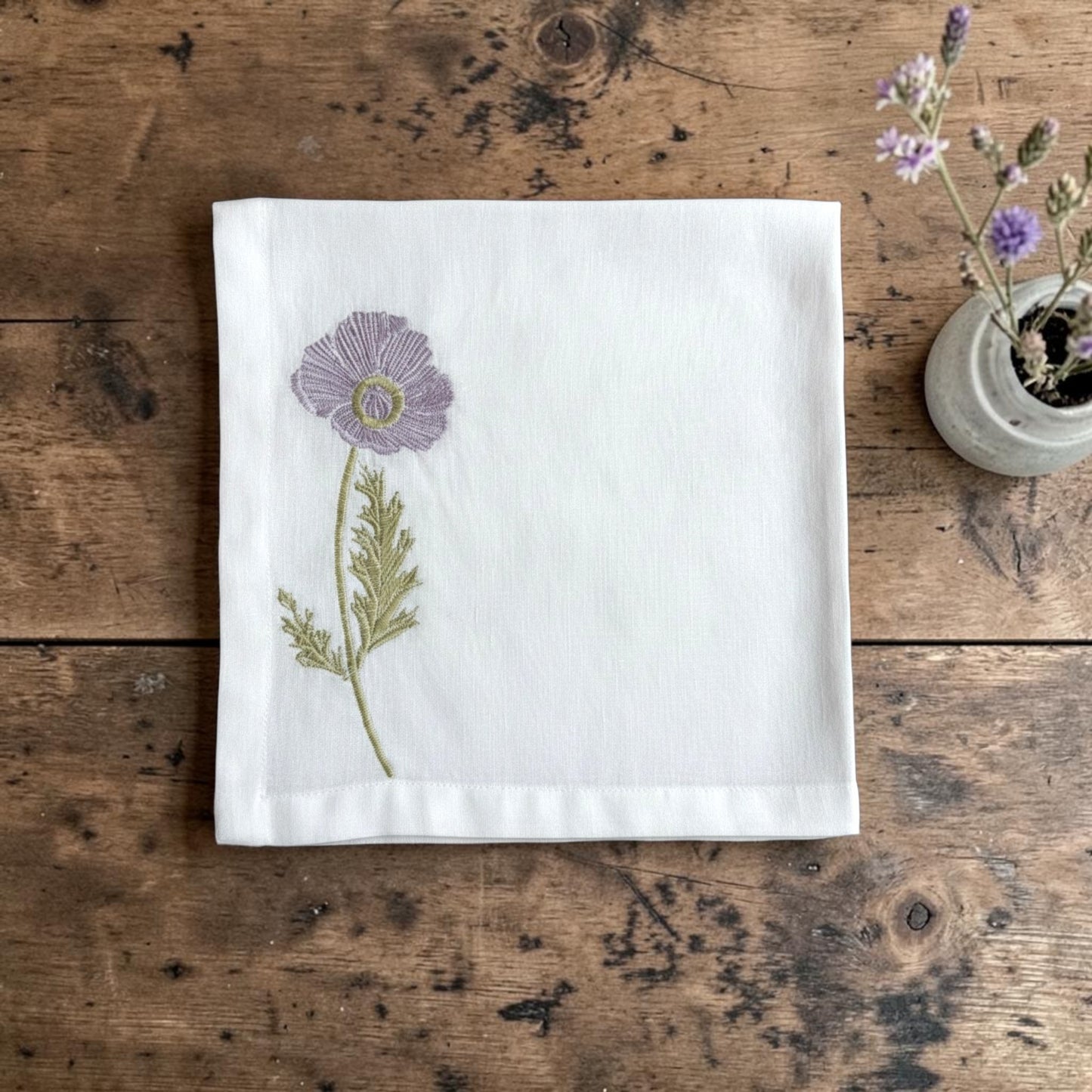 Embroidered Linen Napkins | Lilac Poppy | Set of 4
