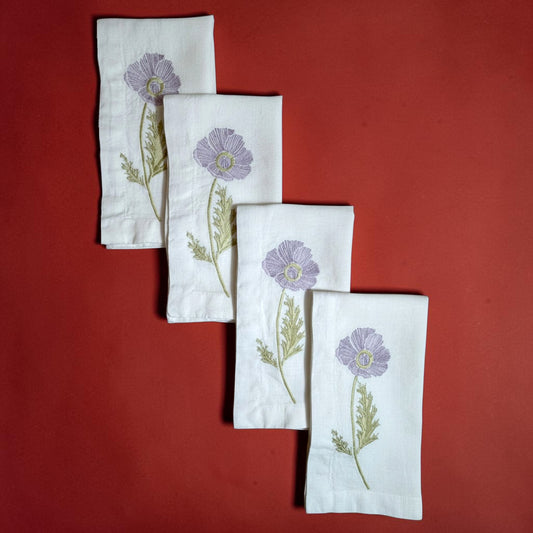 Embroidered Linen Napkins | Lilac Poppy | Set of 4
