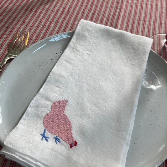 White Linen Napkins with Embroidered Chickens — Set of 4