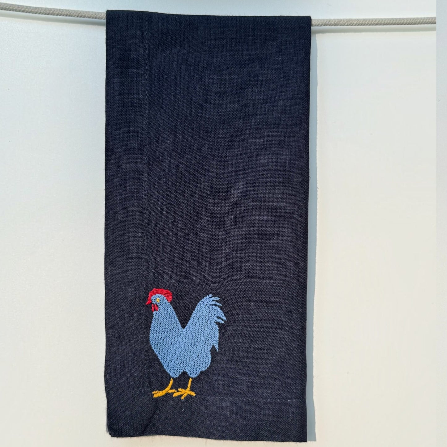Navy Linen Napkins with Embroidered Chickens — Set of 4