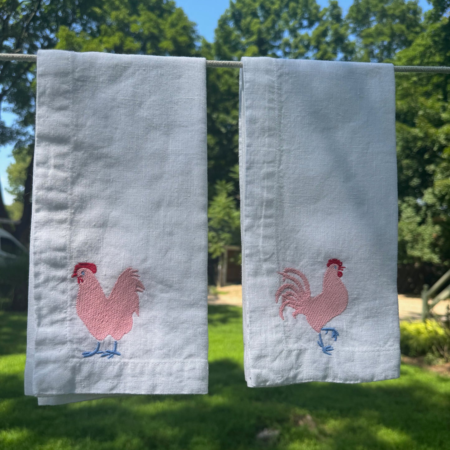White Linen Napkins with Embroidered Chickens — Set of 4
