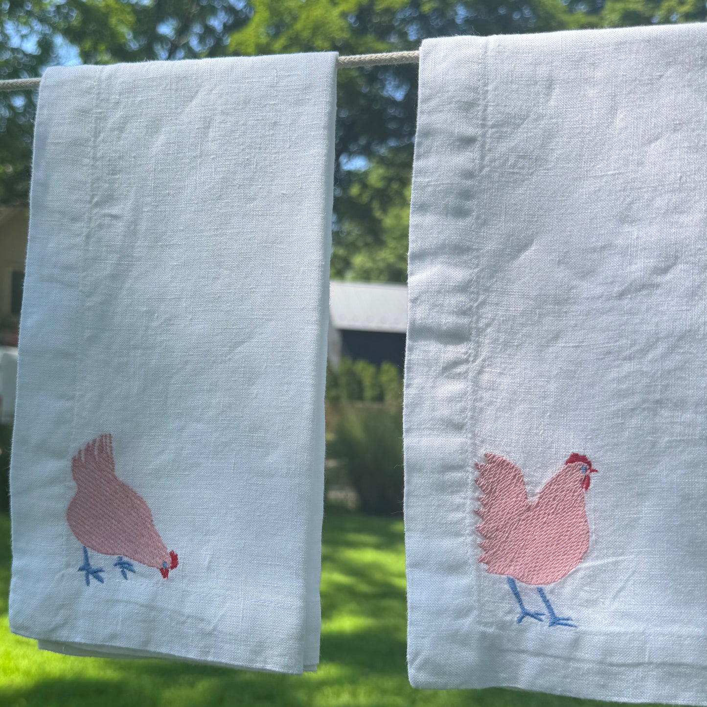 White Linen Napkins with Embroidered Chickens — Set of 4