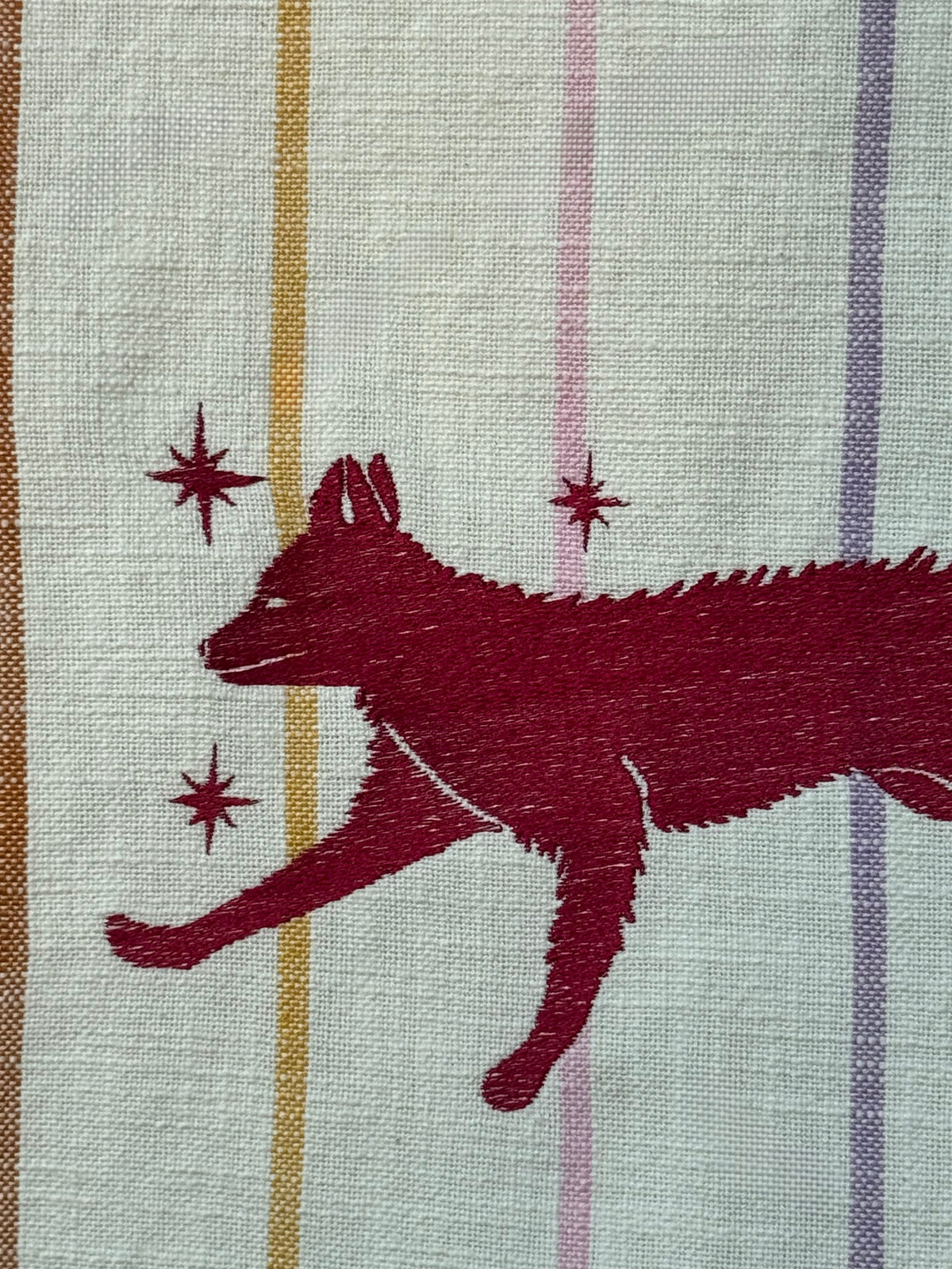Running Fox Embroidered Tea Towel — Cream Sunset Stripe