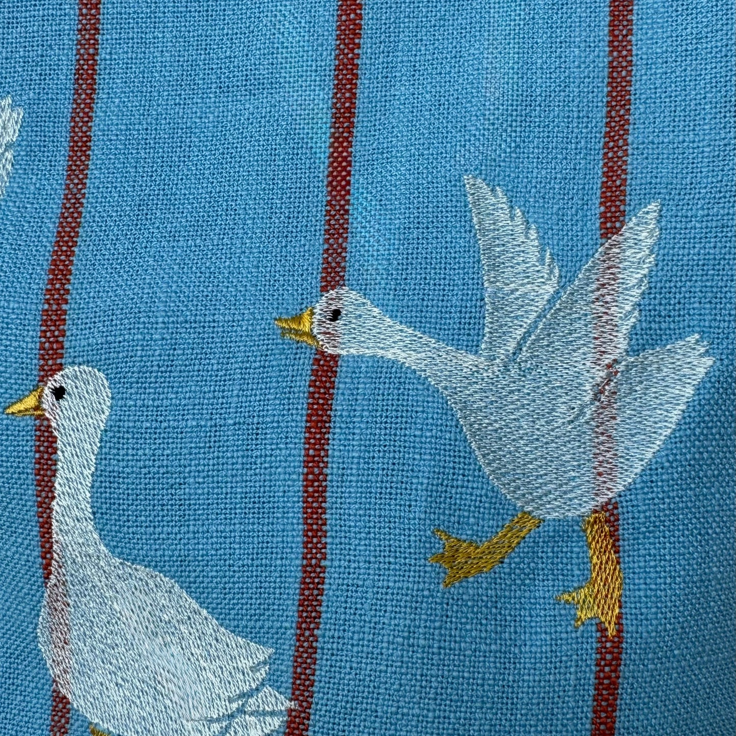 Gaggle of Geese Embroidered Tea Towel — Blue & Orange Stripe