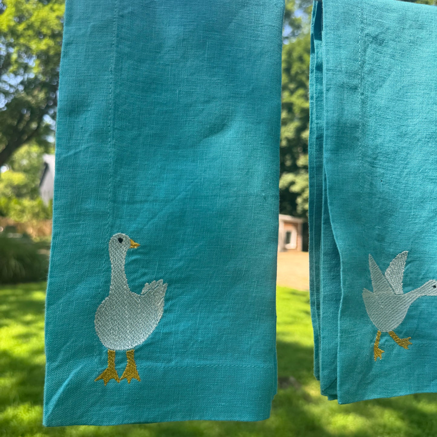 Blue Linen Napkins with Embroidered Geese — Set of 4
