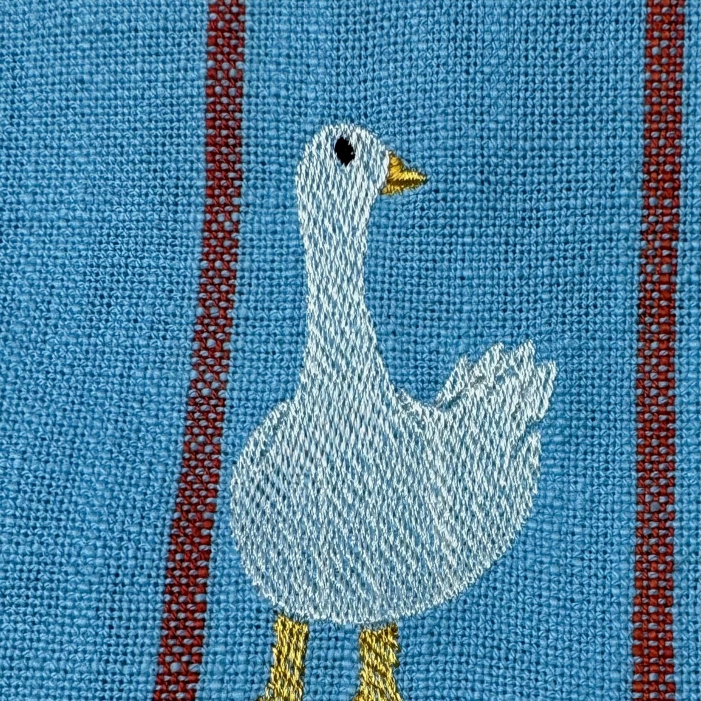 Gaggle of Geese Embroidered Tea Towel — Blue & Orange Stripe