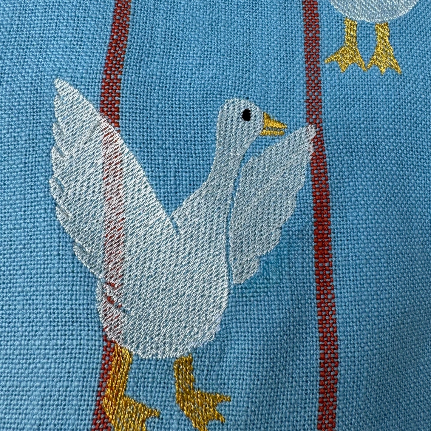 Gaggle of Geese Embroidered Tea Towel — Blue & Orange Stripe