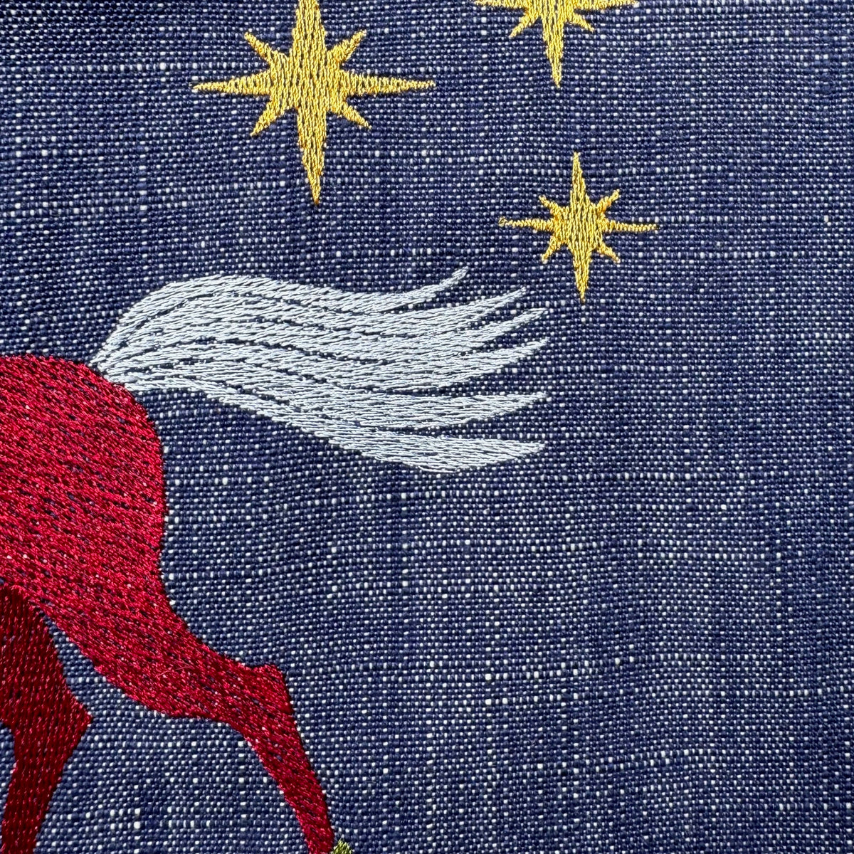 Folk Art Horse Embroidered Tea Towel — Indigo Blue Multicolor