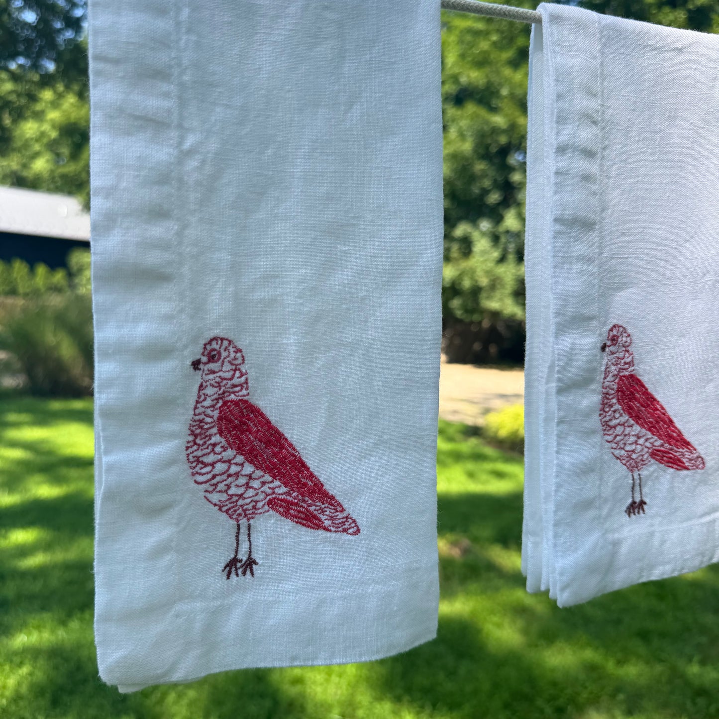 White Linen Napkins with Embroidered Pigeons — Set of 4