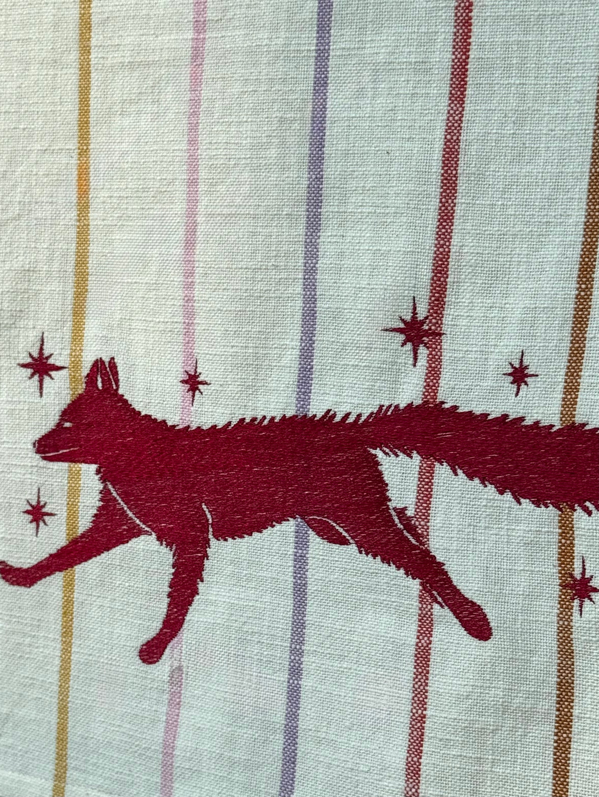 Running Fox Embroidered Tea Towel — Cream Sunset Stripe