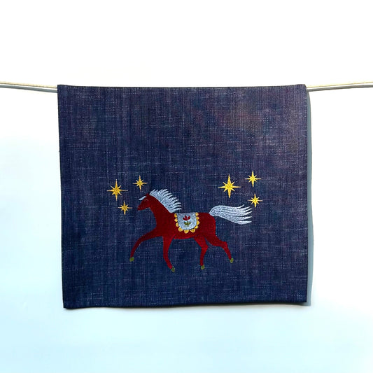 Folk Art Horse Embroidered Tea Towel — Indigo Blue Multicolor