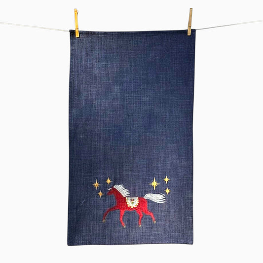 Folk Art Horse Embroidered Tea Towel — Indigo Blue Multicolor