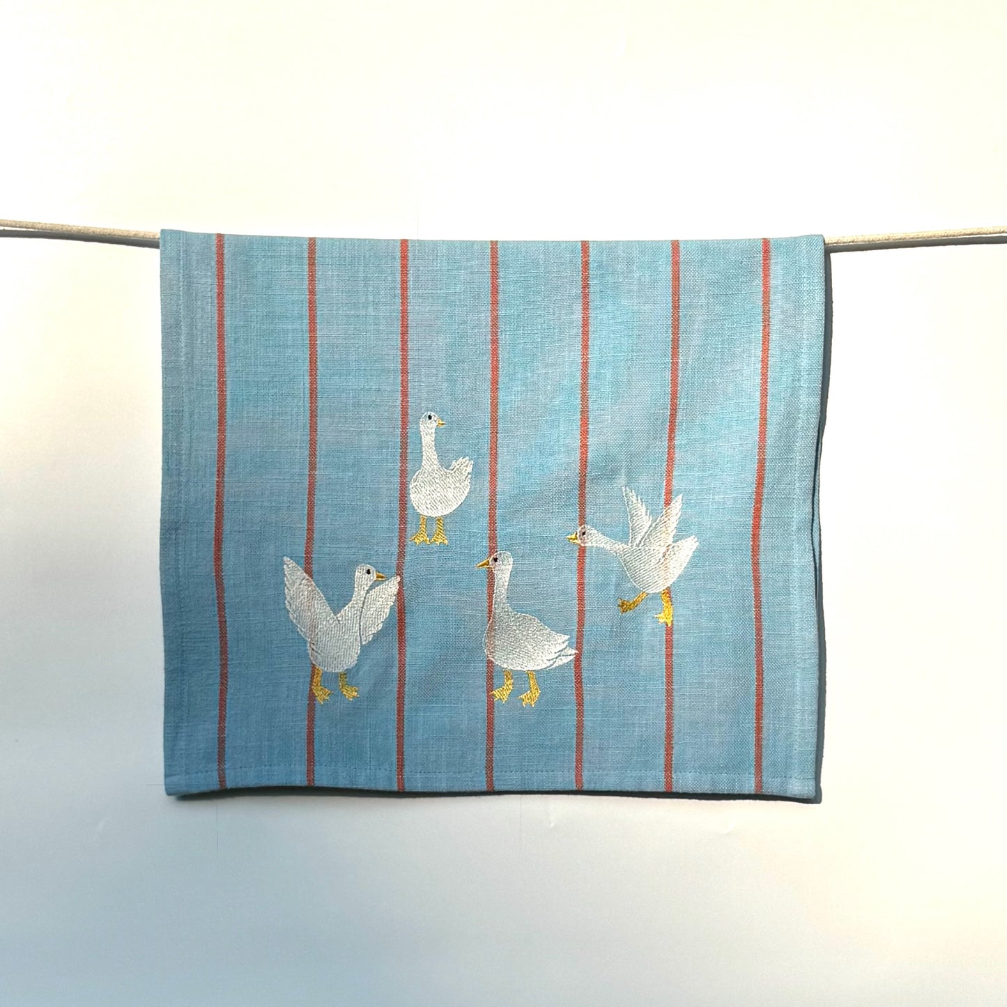 Gaggle of Geese Embroidered Tea Towel — Blue & Orange Stripe