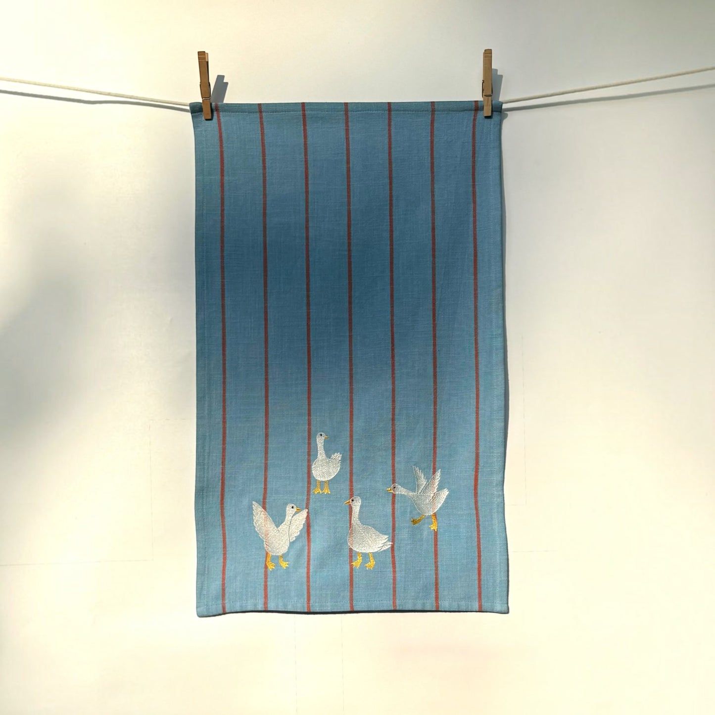 Gaggle of Geese Embroidered Tea Towel — Blue & Orange Stripe