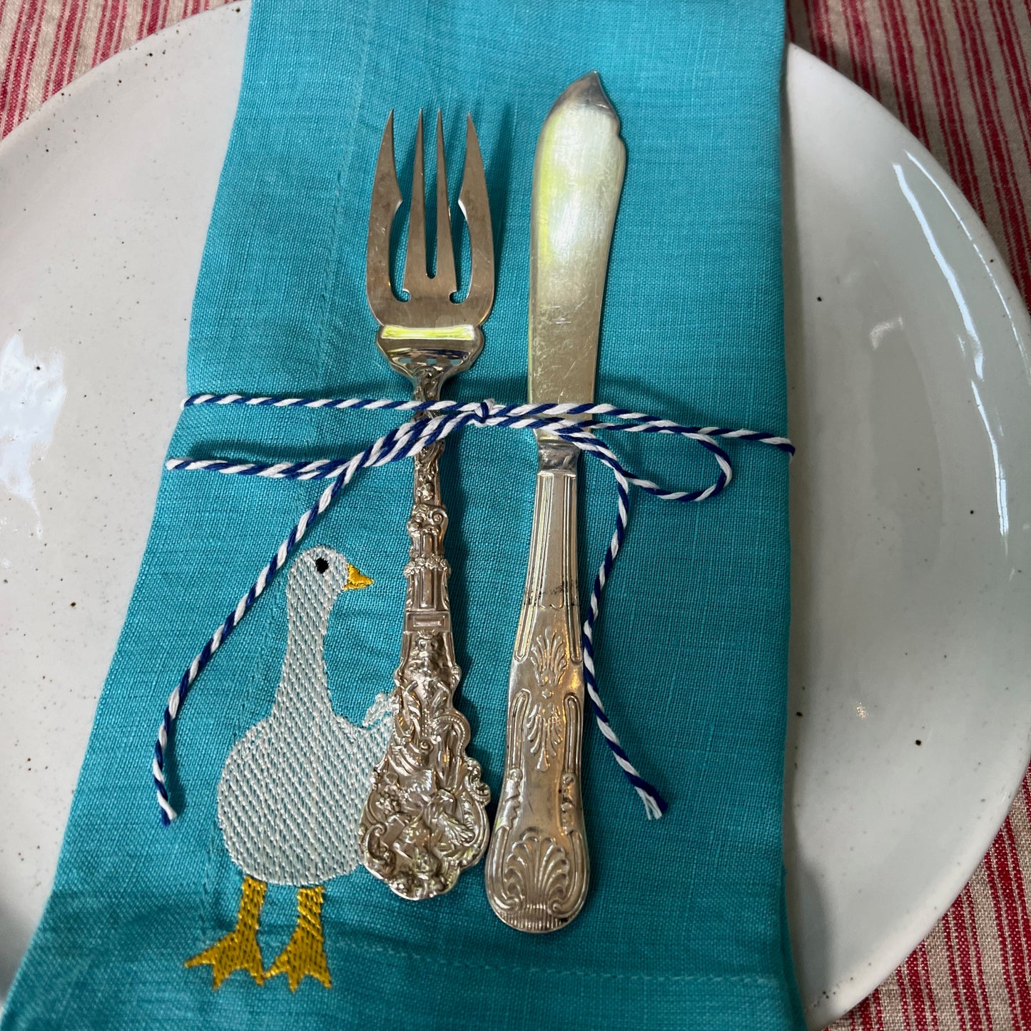 Blue Linen Napkins with Embroidered Geese — Set of 4