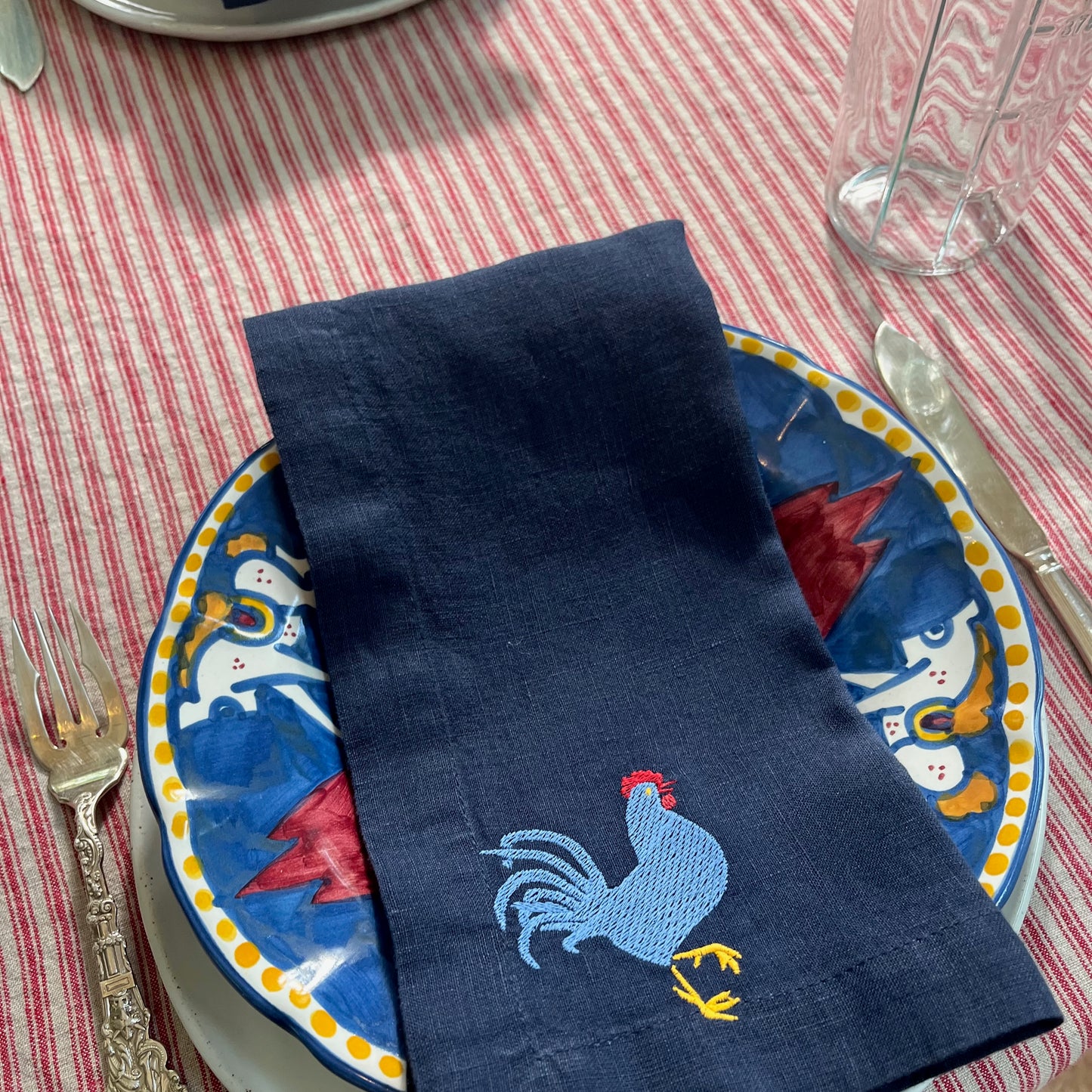 Navy Linen Napkins with Embroidered Chickens — Set of 4