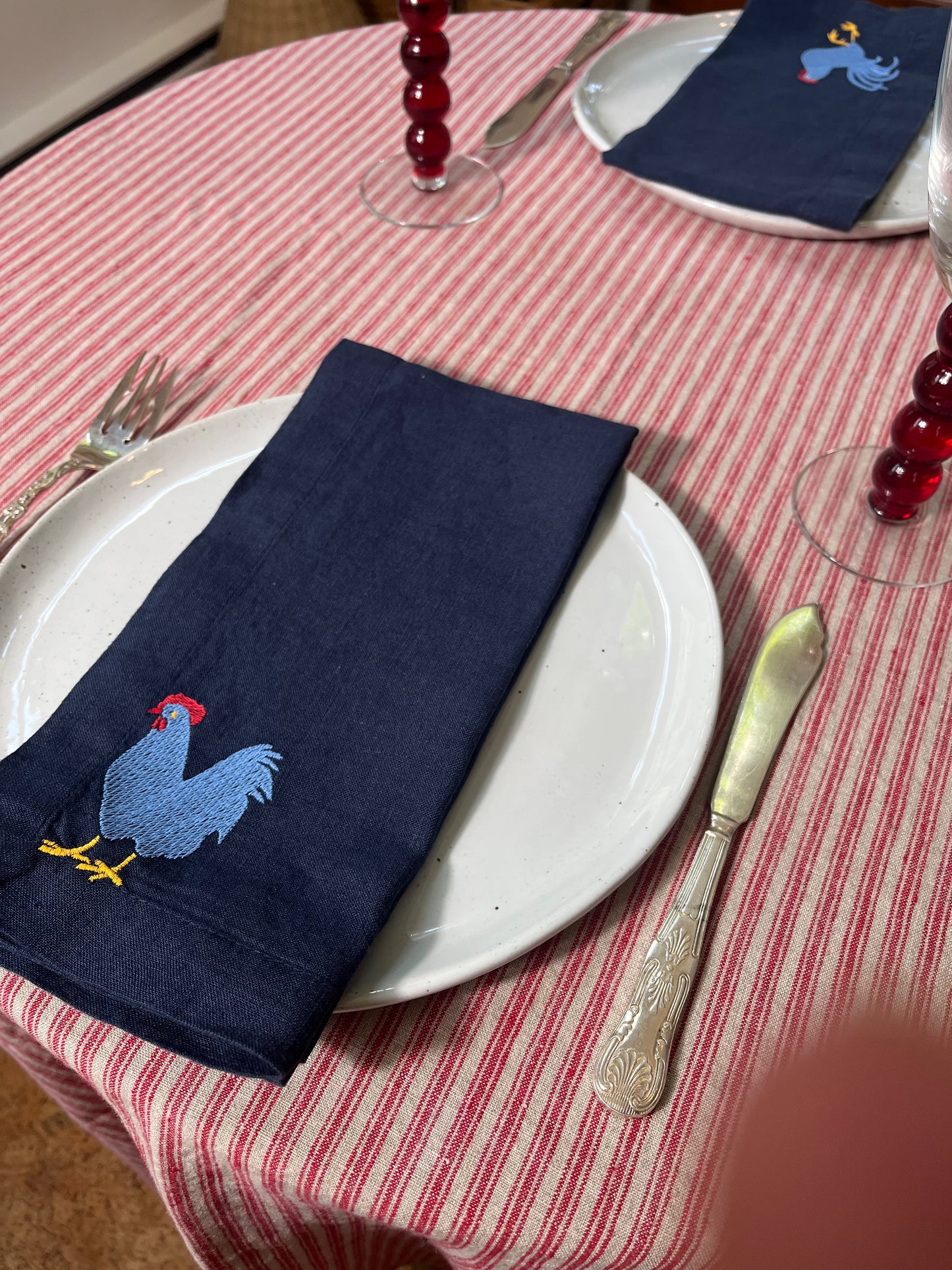 Navy Linen Napkins with Embroidered Chickens — Set of 4