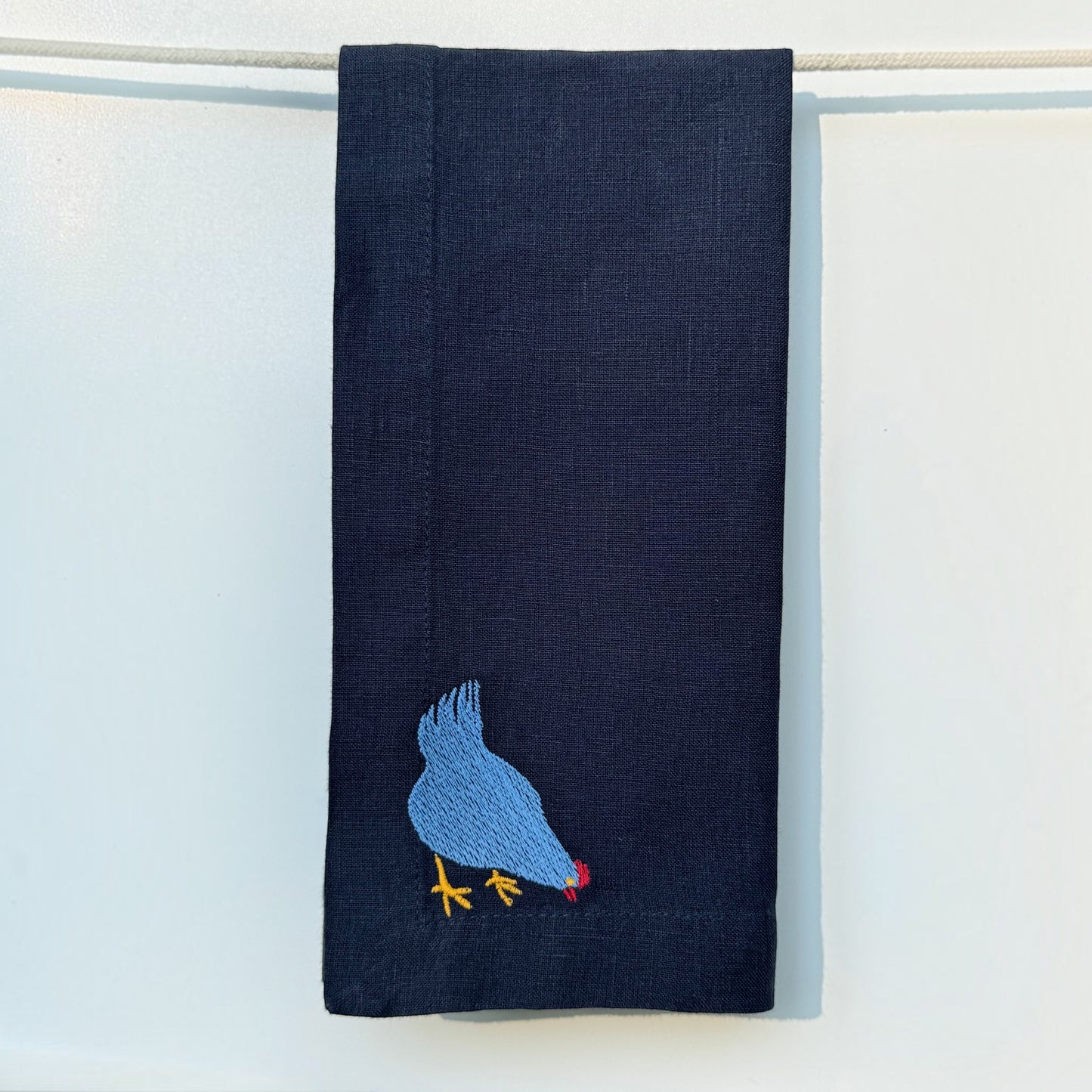 Navy Linen Napkins with Embroidered Chickens — Set of 4