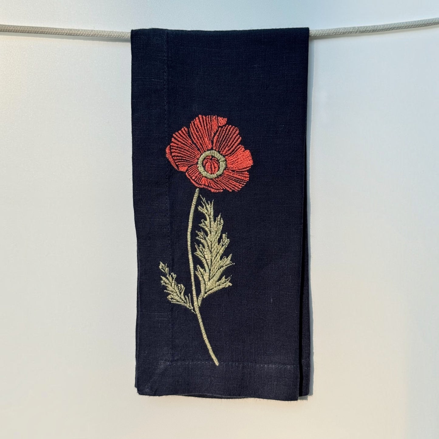Navy Linen Napkins with Embroidered Poppies — Set of 4