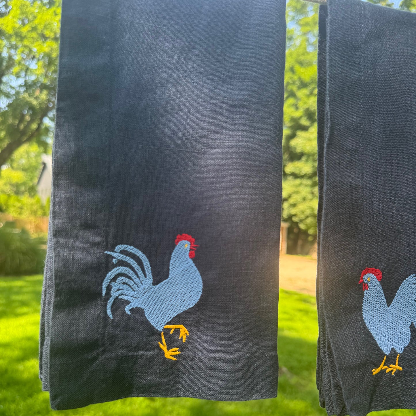 Navy Linen Napkins with Embroidered Chickens — Set of 4