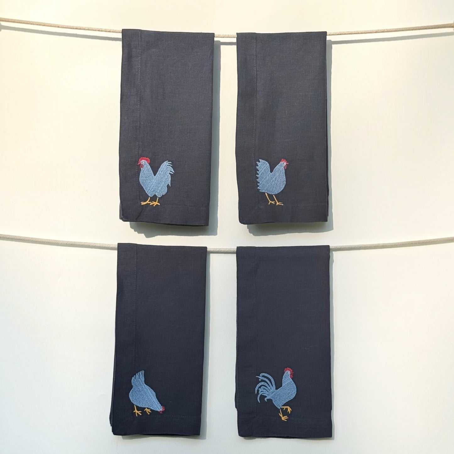 Navy Linen Napkins with Embroidered Chickens — Set of 4