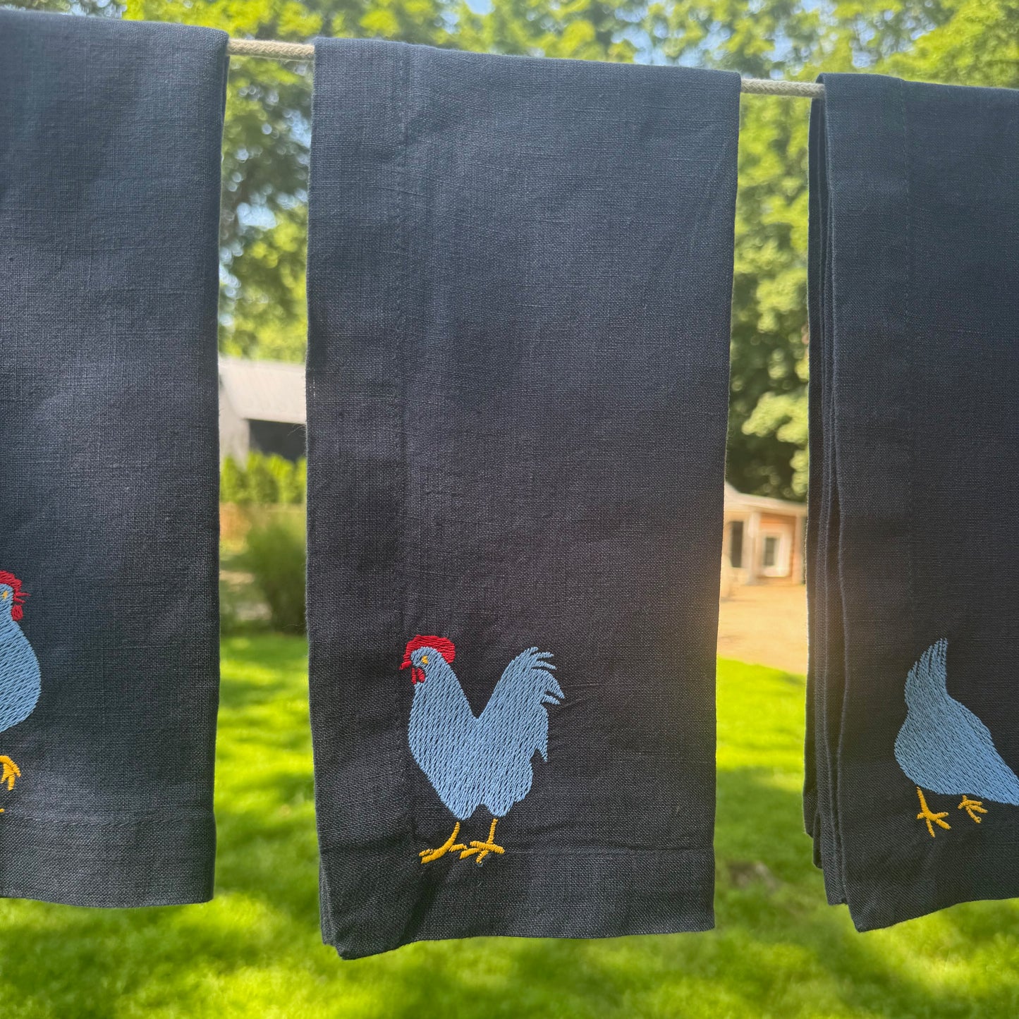 Navy Linen Napkins with Embroidered Chickens — Set of 4