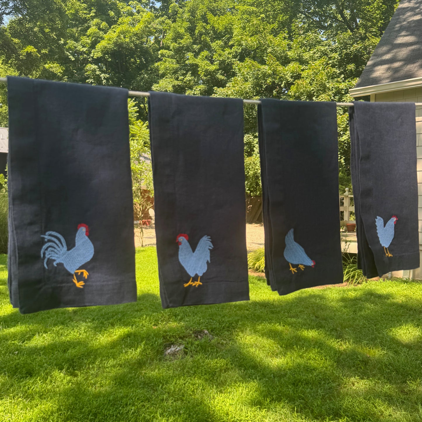 Navy Linen Napkins with Embroidered Chickens — Set of 4