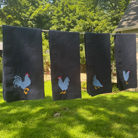 Navy Linen Napkins with Embroidered Chickens — Set of 4