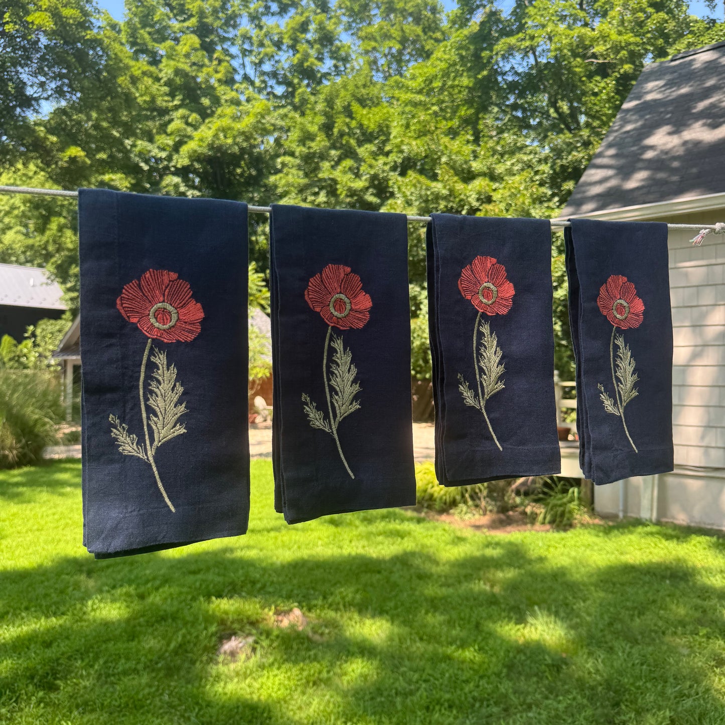 Navy Linen Napkins with Embroidered Poppies — Set of 4
