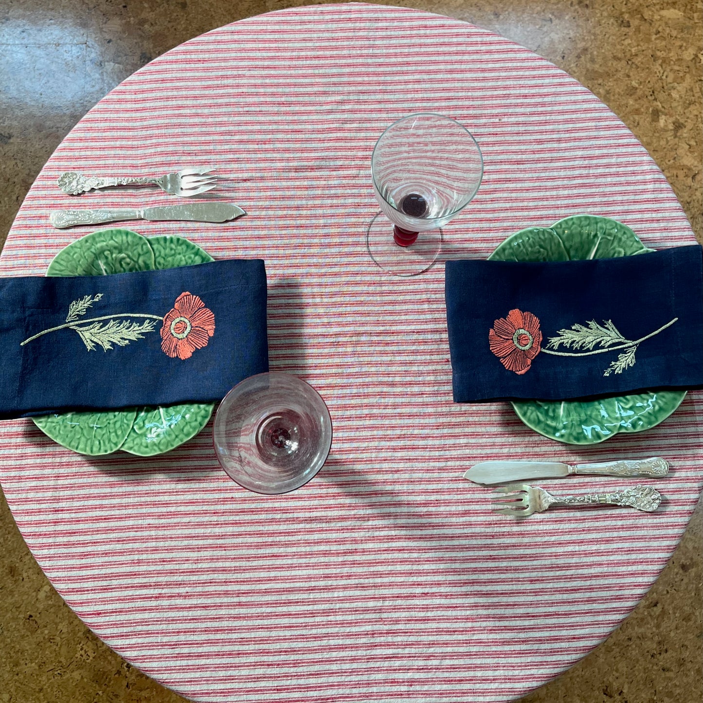 Navy Linen Napkins with Embroidered Poppies — Set of 4