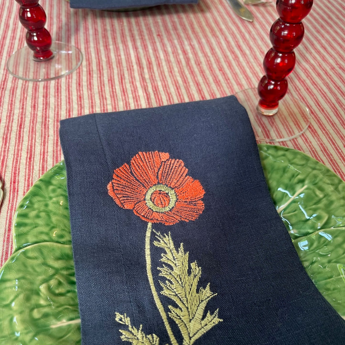 Navy Linen Napkins with Embroidered Poppies — Set of 4
