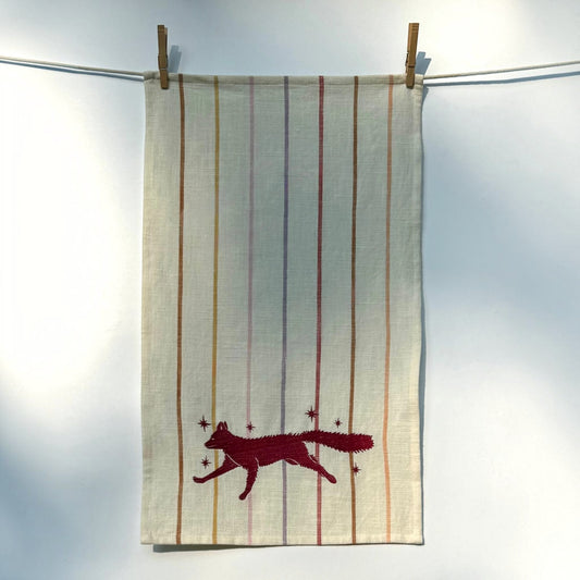 Running Fox Embroidered Tea Towel — Cream &amp; Sunset Stripe