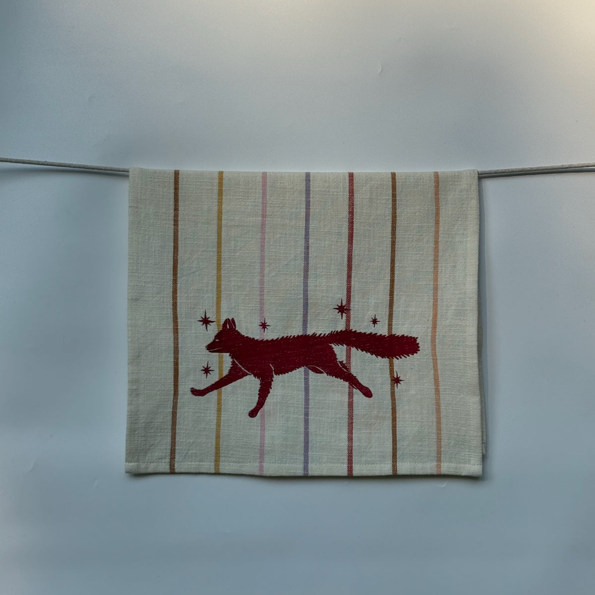 Running Fox Embroidered Tea Towel — Cream Sunset Stripe
