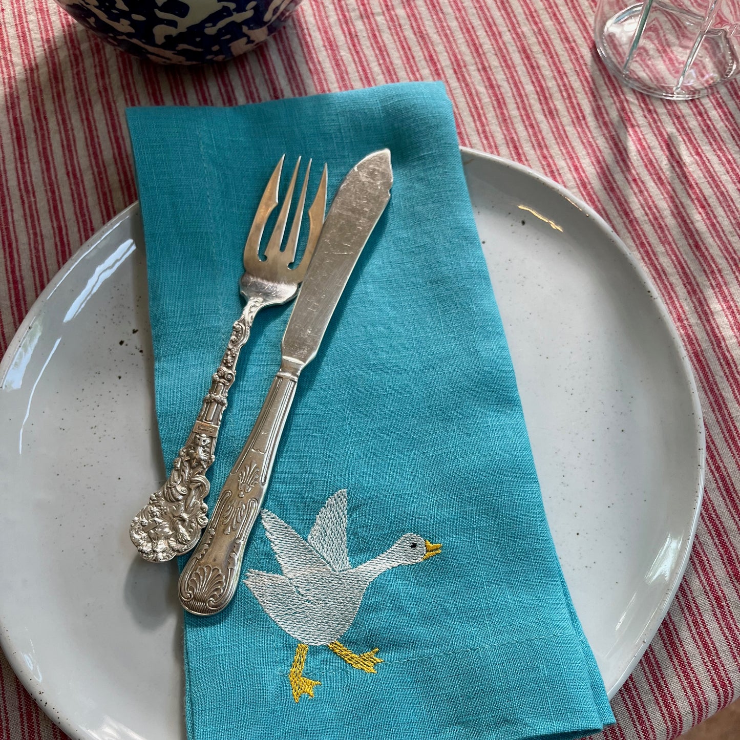 Blue Linen Napkins with Embroidered Geese — Set of 4